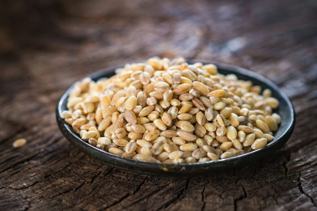 Dry pearl barley on rustic background